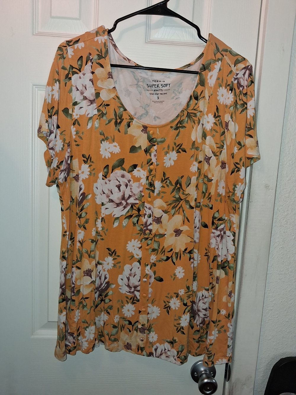 torrid Mustard Floral Scoop Neck Faux Button-Front Tee